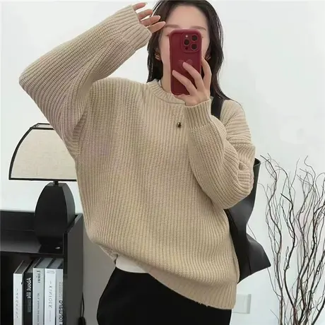 洋气纯色圆领毛衣女宽松2023秋冬装新款韩版百搭打底针织衫上衣厚商品大图