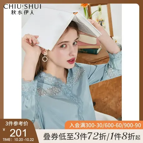 秋水伊人雪纺衫缎面衬衫秋装2021年新款女装轻熟蕾丝衬衣蓝色上衣图片