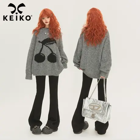 KEIKO 樱挑提花灰色毛衣女冬季慵懒风宽松圆领套头羊毛混纺针织衫图片