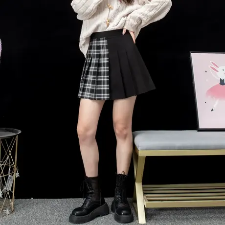 格子百褶裙春秋女高腰a字显瘦防走光穿搭拼接西装料学院风半身裙图片
