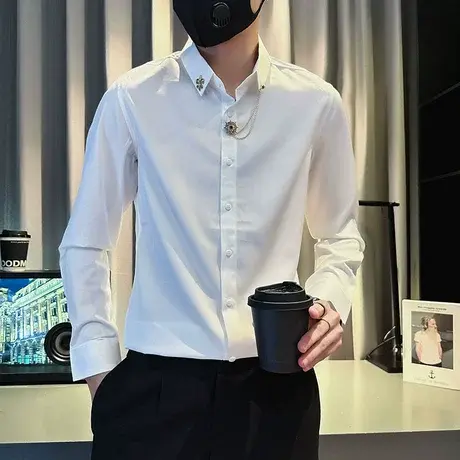 长袖衬衫上衣男秋季潮牌INS休闲英伦修身痞帅潮流网红衬衣发型师商品大图