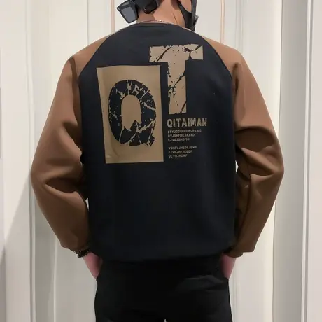 春秋季卫衣拼色高级感长袖T恤衫潮流新款插肩袖复古休闲外套上衣商品大图