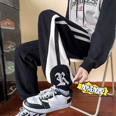 美式高街裤子男灯芯绒卫裤oversize春秋季加绒加厚字母束脚休闲裤商品大图