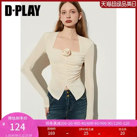 DPLAY春季方领上衣女甜辣多巴胺t恤玫瑰花朵上衣打底衫内搭小衫女商品大图