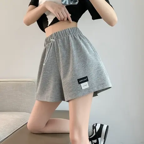 唐狮休闲运动短裤女款华夫格高腰浅麻灰色显瘦抽绳夏季阔腿中裤图片