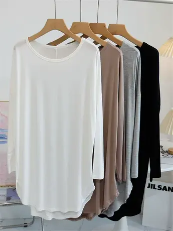 莫代尔前短后长长袖T恤女2024年夏秋中长款显瘦遮屁股居家睡衣裙商品大图