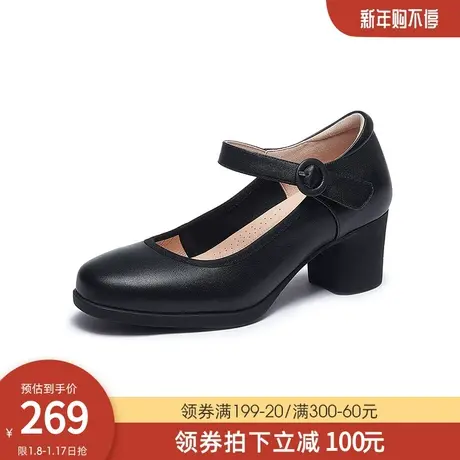 骆驼女鞋2024春季新款浅口增高复古休闲皮鞋女粗跟法式中跟单鞋女图片
