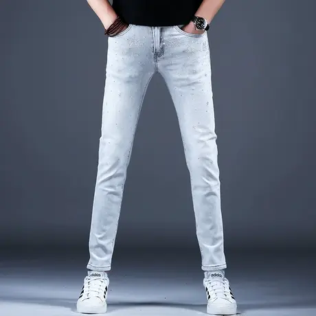 高端烫钻牛仔裤男款浅灰色时尚弹力小脚修身裤子潮流春秋2024新款商品大图