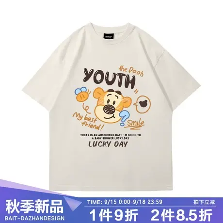 vintage美式潮牌卡通短袖t恤女夏手绘卡通2023新款杏色纯棉体恤商品大图