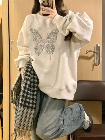 春秋季灰色圆领卫衣女2024新款宽松小众设计感慵懒风美式复古上衣商品大图