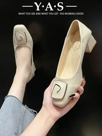 一脚蹬法式单鞋粗跟豆豆鞋女2024春秋方头浅口黑色工作鞋低跟女鞋商品大图