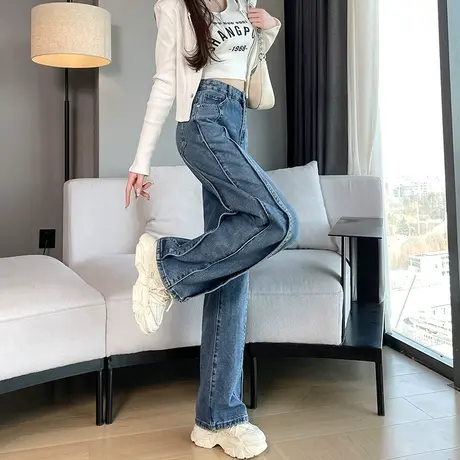 直筒阔腿牛仔裤女春秋2024宽松显瘦设计感拼接美式复古高腰拖地裤商品大图
