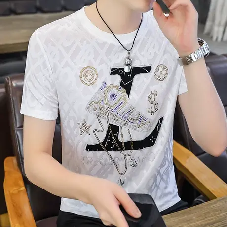 欧货冰丝烫钻短袖T恤男夏季潮牌透气薄款半袖体恤青年夏装上衣潮商品大图