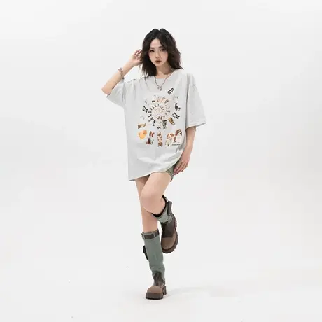 YEP卡通印花短袖t恤女夏季2024年新款纯棉韩系宽松情侣装半袖上衣商品大图