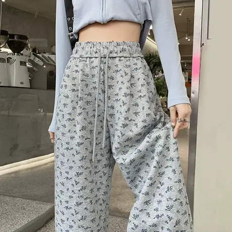 复古碎花阔腿裤女春夏季宽松显瘦慵懒拖地裤高腰垂感休闲运动卫裤商品大图