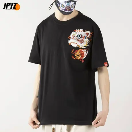 醒狮刺绣短袖t恤男夏季纯棉重磅正肩体恤宽松潮流中国风上衣服商品大图