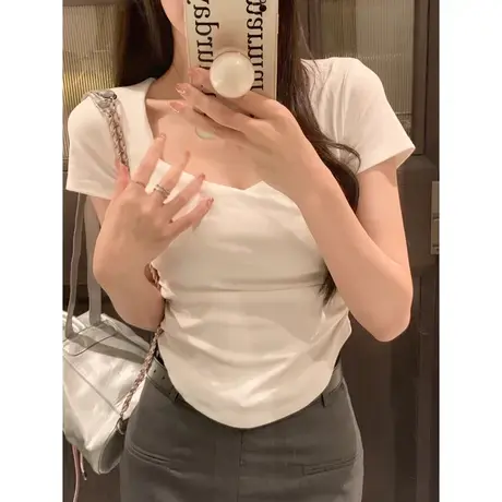 辣妹甜飒风方领露锁骨短袖T恤女夏装韩版修身褶皱短款紧身上衣潮商品大图