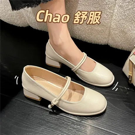 配裙子玛丽珍女鞋2024春秋新款粗跟仙女鞋浅口小方头单鞋女晚晚鞋图片