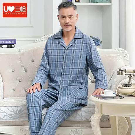 三枪睡衣男纯棉秋季新宽松格子薄款长袖开衫翻领中老年家居服套装图片
