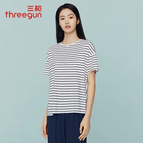 三枪T恤女2023夏季新款竹棉抑菌圆领宽松休闲短袖女衫长后摆上衣商品大图