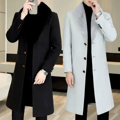 男士加长款过膝呢子风衣冬季可卸毛领潮男装帅气加厚毛呢大衣外套图片