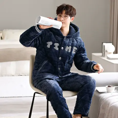 婷美连帽睡衣男秋冬季三层加厚夹棉珊瑚绒宽松大码冬家居服两件套商品大图