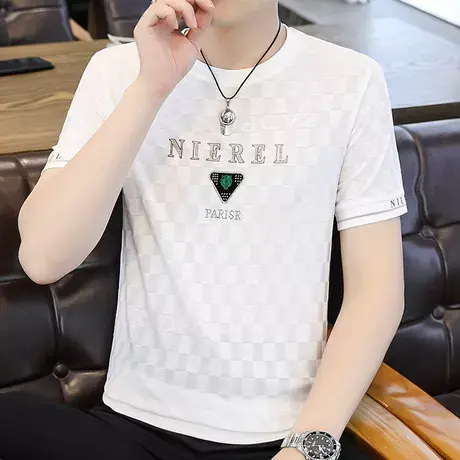 高级感短袖t恤男夏季提花烫钻冰丝圆领体恤衫潮牌帅气男款上衣薄T商品大图