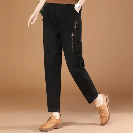 韩潮袭人松紧腰黑色拼接刺绣牛仔裤女2023秋季新款宽松休闲哈伦裤商品大图