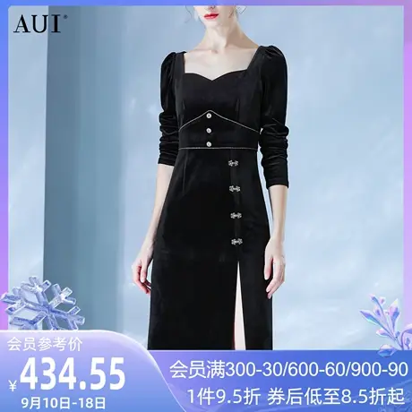 AUI法式高端黑色丝绒连衣裙女秋2023新款性感气质方领开叉中长裙图片
