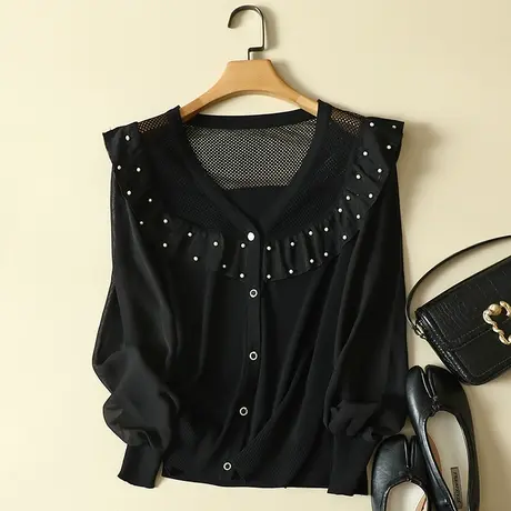 雪纺长袖冰丝针织开衫女秋装2023年新款宽松上衣洋气蕾丝打底衫女商品大图