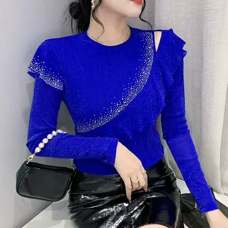 性感网纱打底衫女春秋款独特别致荷叶边上衣性感镂空烫钻长袖T恤商品大图