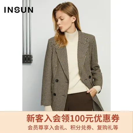 恩裳商场同款冬季简约双排扣立体西装领收腰毛呢外套女图片