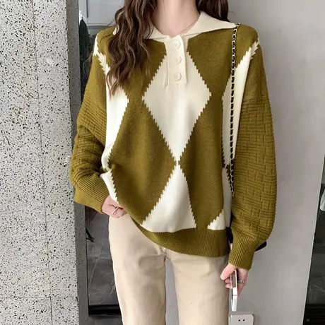 polo领菱形撞色宽松毛衣女洋气百搭设计感显瘦针织打底衫外穿上衣图片