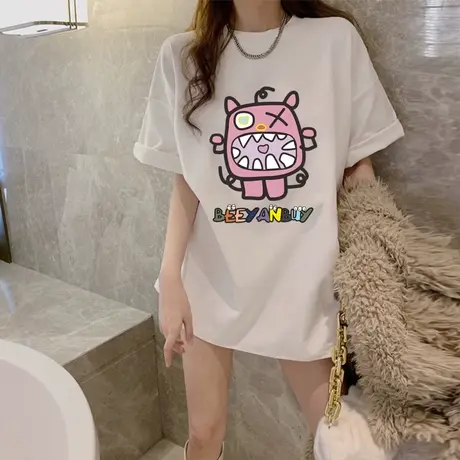 中长款短袖t恤女2023年夏季新款潮牌设计感小众宽松怪兽纯棉上衣商品大图