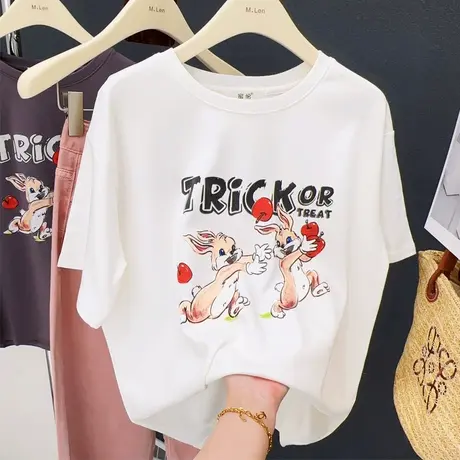 ins甜美兔子印花圆领短袖上衣2023夏季新款韩版甜美纯棉T恤打底衫商品大图