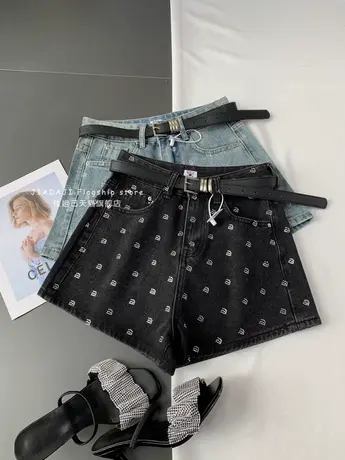 水洗谈钻韩版牛仔短裤女2023夏季新款显瘦百搭高腰阔腿a字短裤潮图片