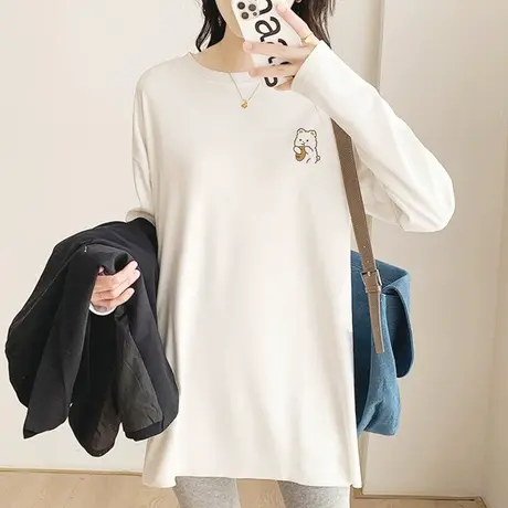 纯棉磨毛长袖t恤女2022新款宽松韩版休闲百搭中长款白色上衣打底商品大图