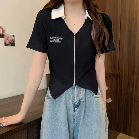 灰色polo领短款露脐T恤女夏季设计感辣妹拉链短袖上衣ins打底衫潮商品大图