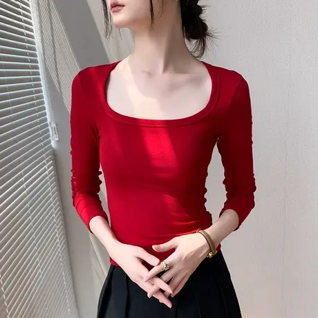 大u领打底衫女2023秋季新品修身内搭长袖t恤红色西服内搭正肩上衣商品大图