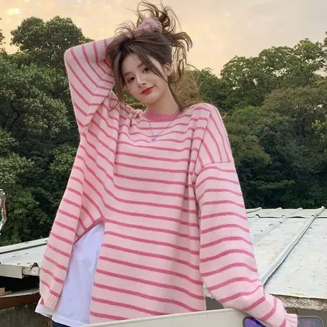 oversize条纹毛衣女春秋宽松设计感小众慵懒复古港风chic上衣外套商品大图