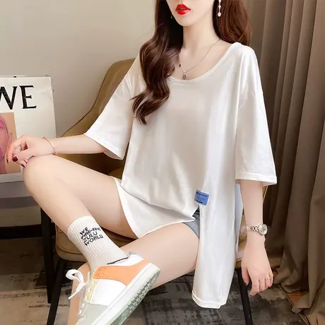 设计感小众短袖t恤女夏季韩版宽松大码中长款不规则开叉u领上衣服商品大图