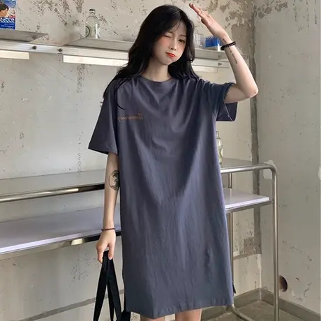 vintage纯棉短袖t恤女潮长款过膝裙子宽松中长款连衣裙2021新款夏商品大图