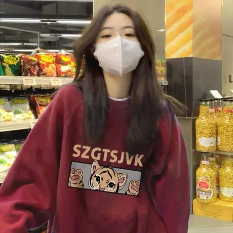 酒红色卫衣女秋冬圆领宽松加绒加厚小众设计感美式hiphop上衣外套图片