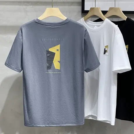 男装2023春装新款重磅棉贴布刺绣短袖T恤男潮牌半袖宽松美式体恤商品大图