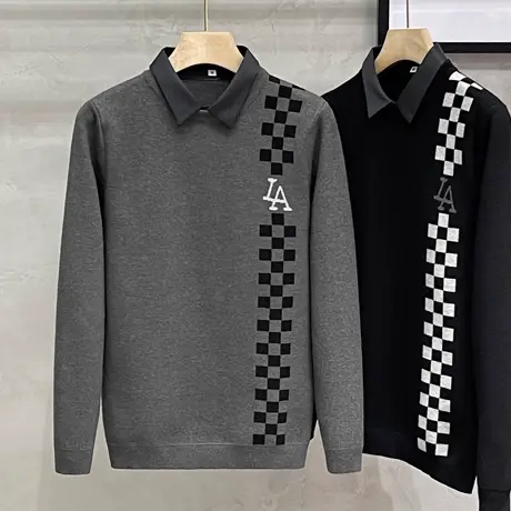 2023秋冬季新款男士假两件商务衬衫潮流针织衫修身打底衫休闲毛衣商品大图