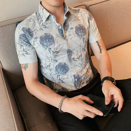 法式轻奢印花衬衫男短袖春夏薄款垂感丝滑休闲痞帅衬衣潮气质半袖图片