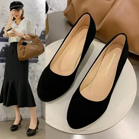 2023新款黑色高跟细跟尖头单鞋女中跟正装时尚上班职业工作鞋子商品大图