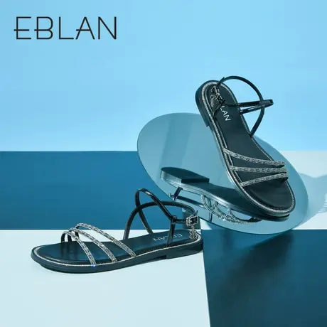 千百度伊伴春夏女鞋细闪一字扣外穿凉鞋牛皮革女平底鞋质感细带商品大图