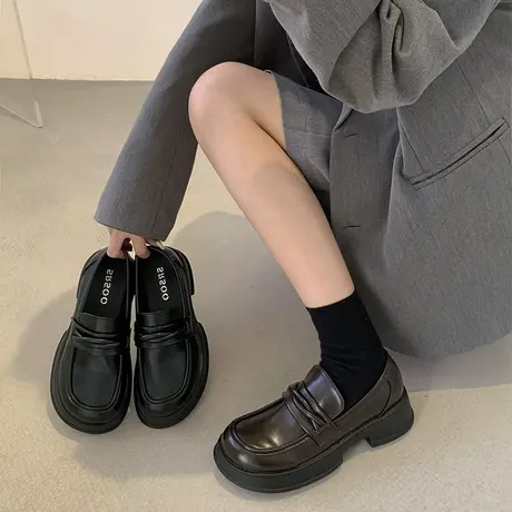 圆头百搭复古黑色厚底小皮鞋女2024新款秋季法式粗跟一脚蹬乐福鞋图片