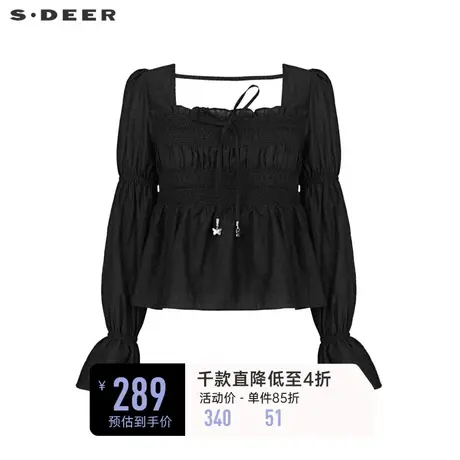 sdeer圣迪奥女装甜美方领肌理拼接系带长袖衬衫S241Z0509商品大图